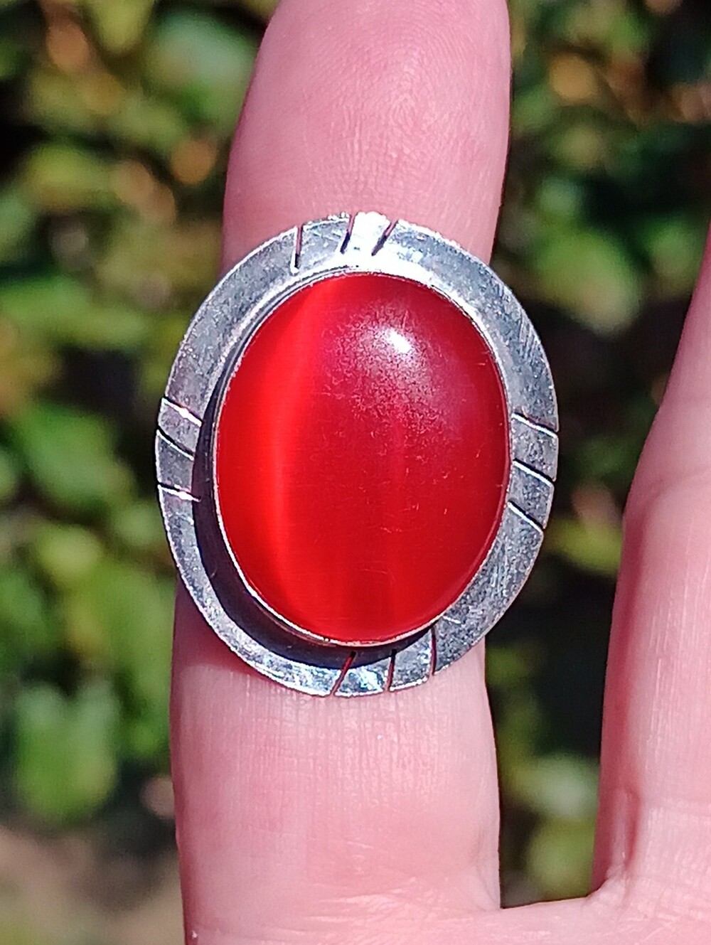 Red Cat Eye Oval Silver Statement Ring Sz 8
